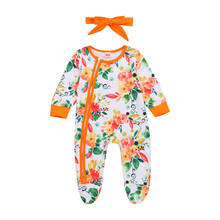 2020 0-12m bebê recém-nascido menina outono outfit bonito manga longa floral impressão zip footed macacão + bandana 2 pçs conjunto de roupas 2024 - compre barato