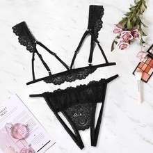 Open Crotch Lace Bra Set  Women Perspective Flower Lace Hollow Thong Lingerie Set Women Sexy Exoric Bra Set Sous Vetement Femme 2024 - buy cheap