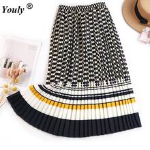 2021 Spring Summer Casual Loose Stripe Cultural Printed Pleated Skirt Contrasting Color Striped Floral-Print Slim A- Line Skirt 2024 - buy cheap