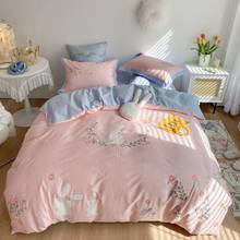 Conjuntos de cama bordados fofos de coelho e flores para meninas, capa de edredom rosa e azul de algodão egy4 peças (capa de edredom + lençol + fronhas) 2024 - compre barato
