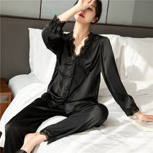 Roupa de noite preta de cetim 2021 nova mulher pijamas terno casual com decote em v sleepwear lingerie íntima 2 pçs conjunto de sono sexy homewear 2024 - compre barato