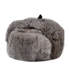 Rabbit Fur Cap Man Winter Genuine 100% Fur Bomber Hat Windproof Warm Earmuffs Male Flat Grey/Black Russian Hat Fitted Casquette 2024 - buy cheap