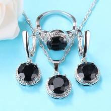 New Trendy 925 Silver Jewelry Sets Round Black Cubic Zirconia Ring With Earrings Sets For Women Wedding-Party Jewelry 2024 - buy cheap