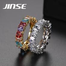 JINSE Suqare Design Cubic Zirconia Baguette Ring For Women Men Copper Gold Color Multicolot CZ Finger Ring Hip hop Jewelry Gift 2024 - buy cheap