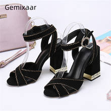 Rivet Decor Cross Belt Ankle Strap Sandals Women Jeweled Crystal Square Chunky Heel Luxury Suede Rhinestone Party Shoes Woman 2024 - buy cheap