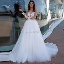 Свадебные платья с длинным рукавом, с глубоким декольте, с кружевной аппликацией, со шлейфом, А-линия, свадебные платья, с открытой спиной, Vestido de noiva 2024 - купить недорого