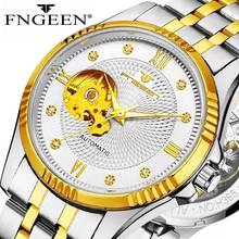 Reloj de pulsera de acero para hombre, cronógrafo mecánico automático con diseño de esqueleto de diamante, esfera dorada, Tourbillon 2024 - compra barato