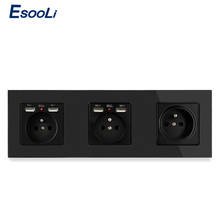 Esooli 3 Gang Black French Standard Wall Socket With Dual USB Charging Port + 1 Gang French Socket 258*86mm Crystal Glass Panel 2024 - buy cheap