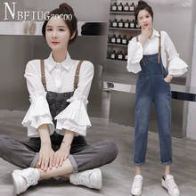 2020 Korean Loose Women Sets Flare Sleeve Blouse And Denim Suspender Pants Female Sets 2024 - buy cheap