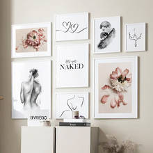 Pósteres e impresiones nórdicos para decoración de la sala de estar, arte de pared, pintura en lienzo, corazón de amor, cuerpo de chica de flores, blanco y negro 2024 - compra barato