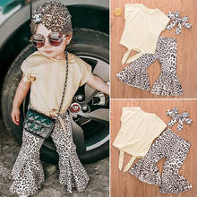 Conjunto de roupas para bebês meninas, camisetas + calças longas de leopardo + tiara 2024 - compre barato