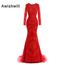 New Fashion Red Evening Dresses Mermaid Beaded Appliques Elegant Long Sleeve Formal Dress Women Arabic Evening Gowns 2024 - buy cheap