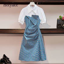 Vestido xadrez vintage plus size, feminino, para escritório, manga curta, com babado, plus size 2024 - compre barato