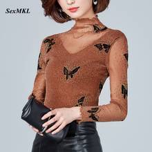 Womens Mesh Tops and Blouses Oversized 2022 Summer Long Sleeve Blouse Women Printed Korean Clothing Sexy Office Ladies Black Top 2024 - buy cheap