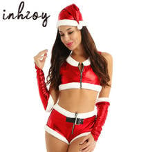 Traje feminino para natal, fantasia metálica vermelha brilhante, top curto com calção, chapéu, luvas, fantasia sexy, roupas de natal 2024 - compre barato