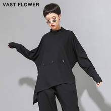 Весна 2020, черная винтажная Асимметричная футболка с длинным рукавом, большие размеры, женская Свободная Повседневная футболка на пуговицах, топы, модная уличная одежда 2024 - купить недорого