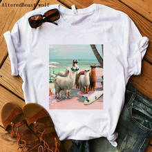 Funny Llama Beach christmas t shirt femme print Llama T-Shirts Women fashion short sleeve casual White Tops Llama tshirt clothes 2024 - buy cheap