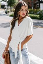 Black/White Short Sleeve Wrap Blouse Top Women Casual V-Neck Cross The Neckline Elastic Cotton Fabric Casual Blouse Tops 2024 - buy cheap