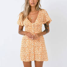 Neidens-mini vestido floral de verão, vestido feminino com decote em v, manga curta, botão casual, moda praia, boho 2024 - compre barato