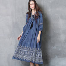 TEELYNN midi denim tunic dresses Autumn bule cotton ethnic floral Embroidery boho dress v-neck Gypsy long women dresses vestidos 2024 - buy cheap