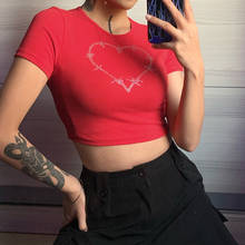 Heart Pattern Tshirts Brown Crop Top E girl Vintage Casual Patchwork T shirts Harajuku Y2k Aesthetic 90s Tees Gothic Tops Women 2024 - buy cheap