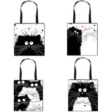 Милые черно-белого цвета с изображением котенка женские сумки из натуральной кожи льняные сумки с короткими ручками для девочек повседневное путешествия холст сумки милый кот Сумка 2024 - купить недорого