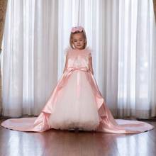 Vestido de cetim infantil, novo vestido luxuoso para meninas, vestido de baile de tule, flor, princesa, vestido de festa de aniversário feito sob medida 2024 - compre barato