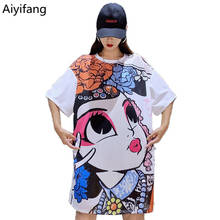 Camisetas de malla con estampado de dibujos animados Vintage para mujer, ropa de talla grande, de manga corta, holgada, de longitud media 2024 - compra barato