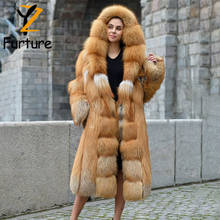 2021 Winter Women Real Red Fox Fur Coats Thick Warm Hooded Overcoats 130cm Long Winter Genuine Red Fur Luxury Fur Outerwear 2024 - buy cheap