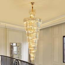 Candelabro de escalera en espiral para Villa, iluminación de araña de cristal larga, moderna, de lujo, accesorio de luz de cristal dorado grande para sala de estar 2024 - compra barato