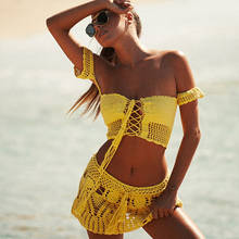 2021 New summer crochet 2PCS/SET cover up sexy women off shoulder crop top+mini skirt bikini swimwear bathing suit cover-ups 2024 - buy cheap