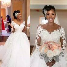 Gorgeous Arabic African Long Sleeves Sheer Neck Marriage Bridal Ball Gown Lace Appliques Princess Wedding Dresses Robe De Mariee 2024 - buy cheap