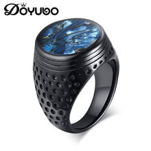 Doyubo anel masculino preto em aço inoxidável, acessórios de anel com cola azul escudo, joias finas para festa masculina da129 2024 - compre barato