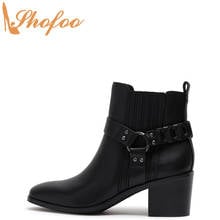 Black Ankle Boots High Chunky Heels Woman Round Toe Booties Slip On Large Size 13 15 Ladies Winter Strap Elastic Shoes Shofoo 2024 - buy cheap