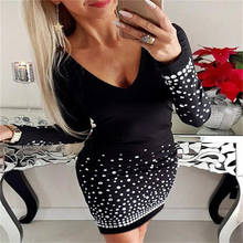 Autumn V-Neck Black Dress Women Long Sleeve Elegant Dresses Slim Fit Sexy Party Club Style vestido Hot Drilling Woman Dress 2021 2024 - buy cheap