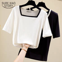 Korean Cotton T-shirt 2021 Summer Elegant Women Square Collar Short Sleeve Shirt Causal Vintage Shirts Ladies Tops White 13390 2024 - buy cheap