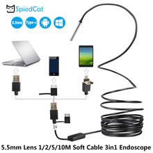 Endoscópio 3 em 1 com lentes mini de 5.5mm e 6 lâmpadas led, tubo de inspeção, boroscópio, câmera, 1/2/5/10m, cabo macio para smartphone, usb, tipo c, pc 2024 - compre barato