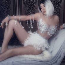 Sparkling Crystals Jumpsuit Nightclub Party Dress Women Sexy Skin Color Bodysuit White Feather Rhinestone Dress Dance Costume 2024 - buy cheap