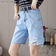 Streetwear Ripped Wide Leg Shorts Jeans With Belt 2021 High Waist Knee Length Vintage Denim Bermuda Shorts Blue 2024 - buy cheap