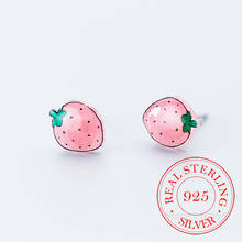 100% 925 Sterling Silver Cut Cartoon Pink Strawberry Stud Earrings for Women pendientes brincos Drop Shipping 2024 - buy cheap