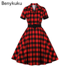 Vestido a cuadros rojos estilo Rockabilly de los años 50, elegante, Vintage, de algodón, con cinturón 2024 - compra barato