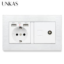 UNKAS Aluminum Metal Panel EU Standard Wall Socket with 2 USB Charge Port + RJ45 Internet Jack With Female TV Outlet wall plug 2024 - buy cheap