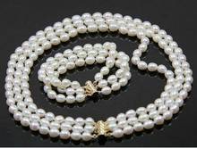 Beautiful 3 Rows 7-8mm Natural White Freshwater Oval Pearl Necklace Bracelet Set 2024 - buy cheap