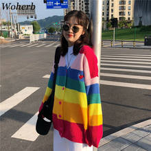 Woherb 2022 Autumn Harajuku Cardigan Women Striped Rainbow Sweater Coat Female Loose Sweaters Letter Embroidery Jumper Cardigans 2024 - buy cheap