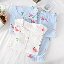 Pijamas de lactancia para Mujer, ropa de dormir de algodón de doble capa, de gasa fina, color blanco, estampado, 2 piezas 2024 - compra barato
