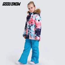 GSOU SNOW Kids Ski Suit Girls Snowboard Jacket Pant Windproof Waterproof Winter Clothing Trouser Outdoor Sport Wear Fur Hooded 2024 - buy cheap