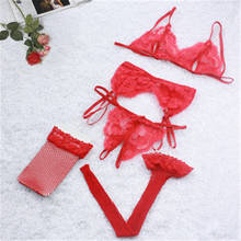 Conjunto de lingerie sexy e transparente, para mulheres, de renda, 4 peças, sutiã + calcinha + ligas + meias de rede 2024 - compre barato
