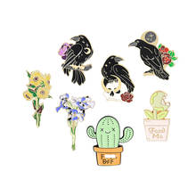 Broche esmaltado de pássaros corvo preto, broche para buquê de lapela, pino de cacto suculentas em vasos de plantas e flores, emblema personalizado 2024 - compre barato
