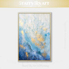 Pintura al óleo abstracta de azul, blanco y oro pintada a mano, para artistas de alta calidad sobre lienzo, colores vivos, pintura al óleo blanca y azul 2024 - compra barato