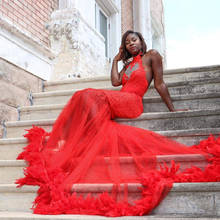 Vestidos de Fiesta de sirena de encaje rojo con borde de plumas, ropa de noche Formal sin mangas, Espalda descubierta, con cuentas, 2020 2024 - compra barato